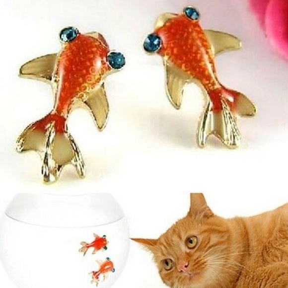Jewelry - Dainty Goldfish Stud Earrings Blue Crystal Eyes